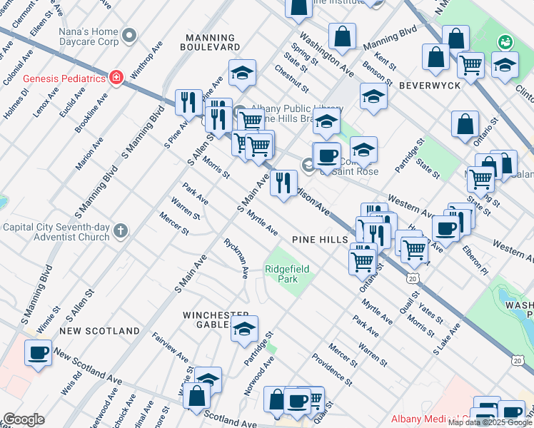 map of restaurants, bars, coffee shops, grocery stores, and more near 656 Morris Street in Albany