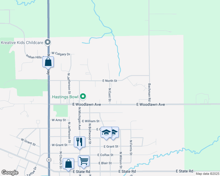 map of restaurants, bars, coffee shops, grocery stores, and more near 326 East North Street in Hastings