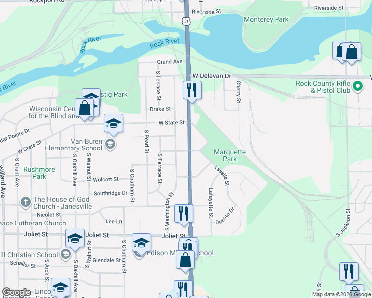 map of restaurants, bars, coffee shops, grocery stores, and more near 1243 Center Avenue in Janesville