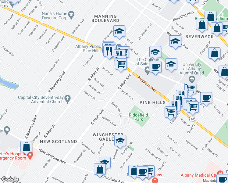 map of restaurants, bars, coffee shops, grocery stores, and more near 49 South Main Avenue in Albany