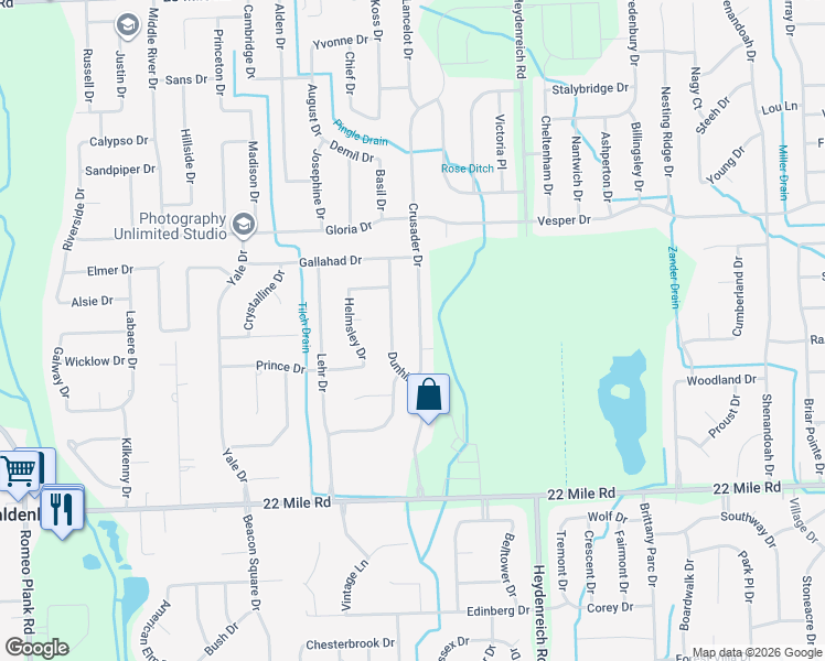 map of restaurants, bars, coffee shops, grocery stores, and more near 49515 Crusader Drive in Macomb