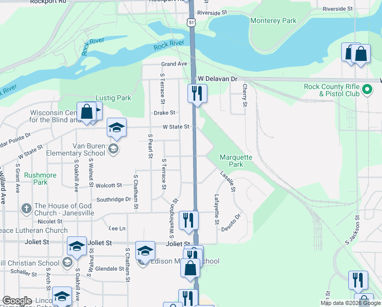 map of restaurants, bars, coffee shops, grocery stores, and more near 1243 Center Avenue in Janesville