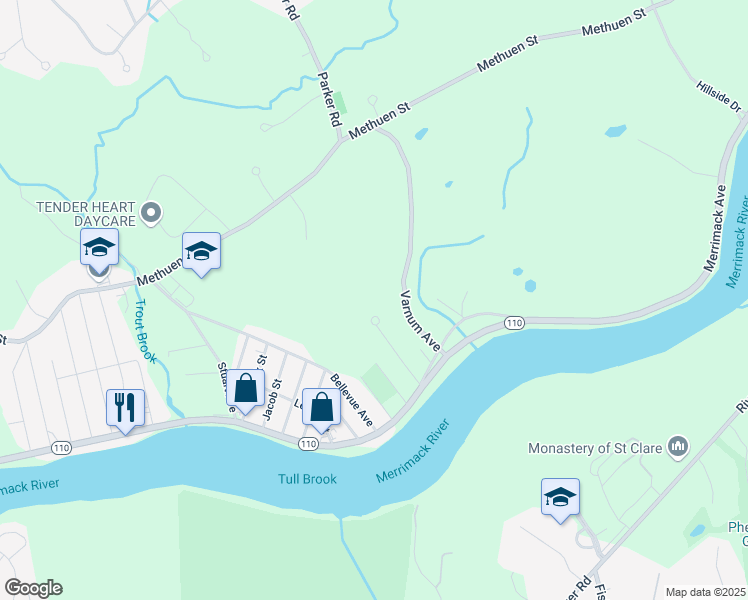 map of restaurants, bars, coffee shops, grocery stores, and more near 90 Varnum Avenue in Dracut