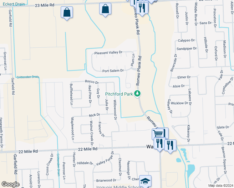 map of restaurants, bars, coffee shops, grocery stores, and more near 49786 Willowood Drive in Macomb