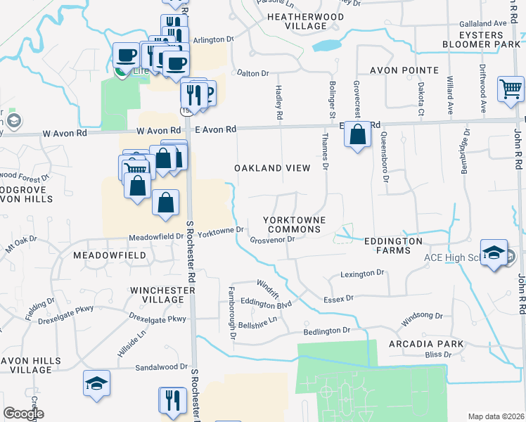 map of restaurants, bars, coffee shops, grocery stores, and more near 162 Saxon Court in Rochester Hills