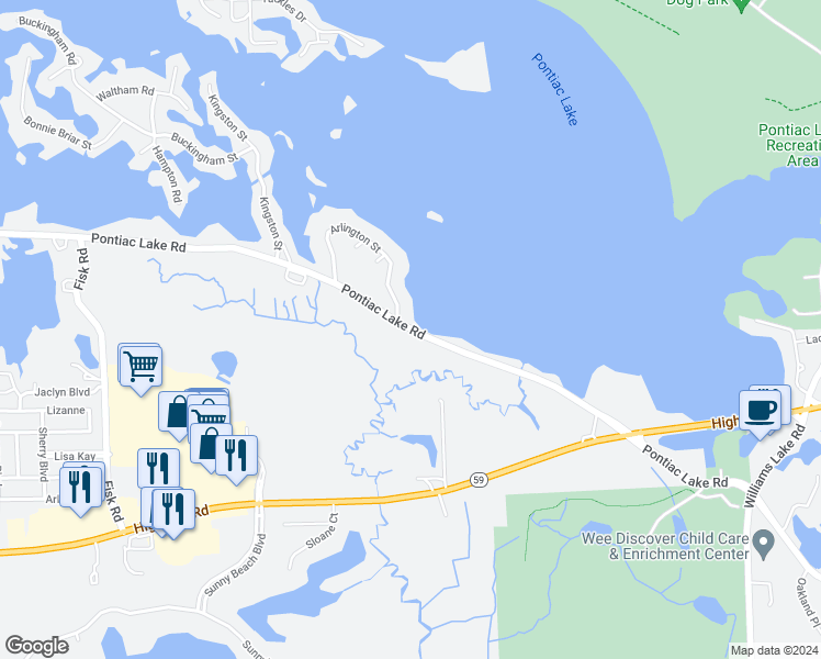 map of restaurants, bars, coffee shops, grocery stores, and more near 8587 Pontiac Lake Rd in White Lake