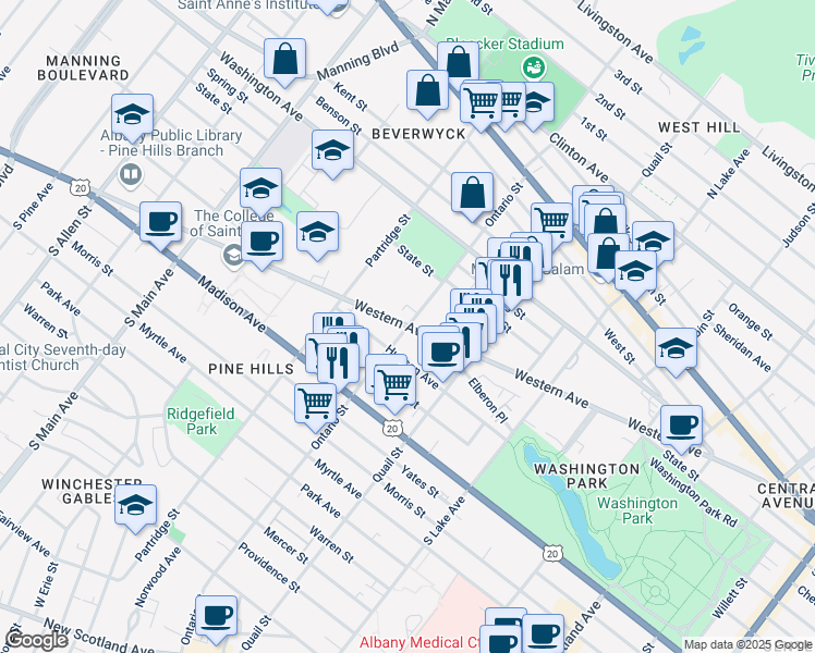 map of restaurants, bars, coffee shops, grocery stores, and more near Western Avenue & Ontario Street in Albany