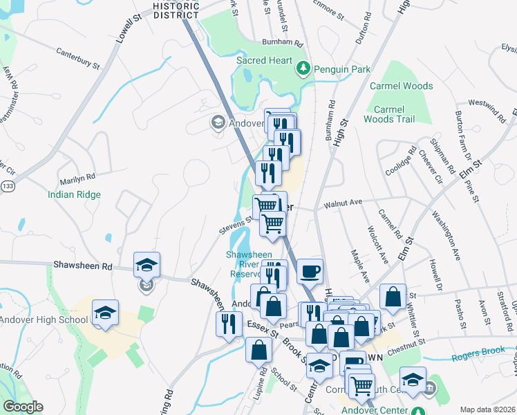 map of restaurants, bars, coffee shops, grocery stores, and more near in Andover