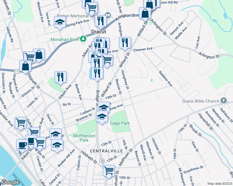 map of restaurants, bars, coffee shops, grocery stores, and more near 29 20th Street in Lowell
