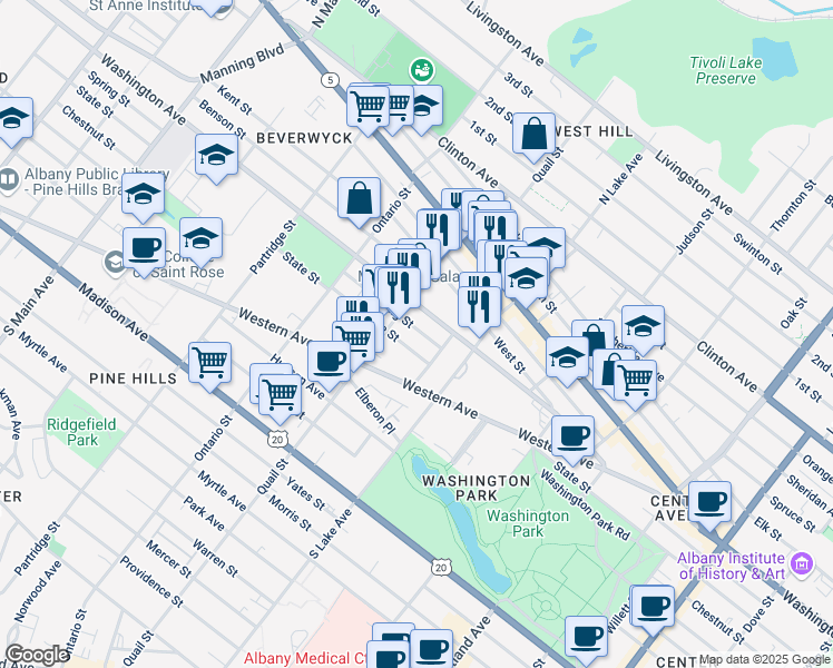 map of restaurants, bars, coffee shops, grocery stores, and more near 496 Washington Avenue in Albany