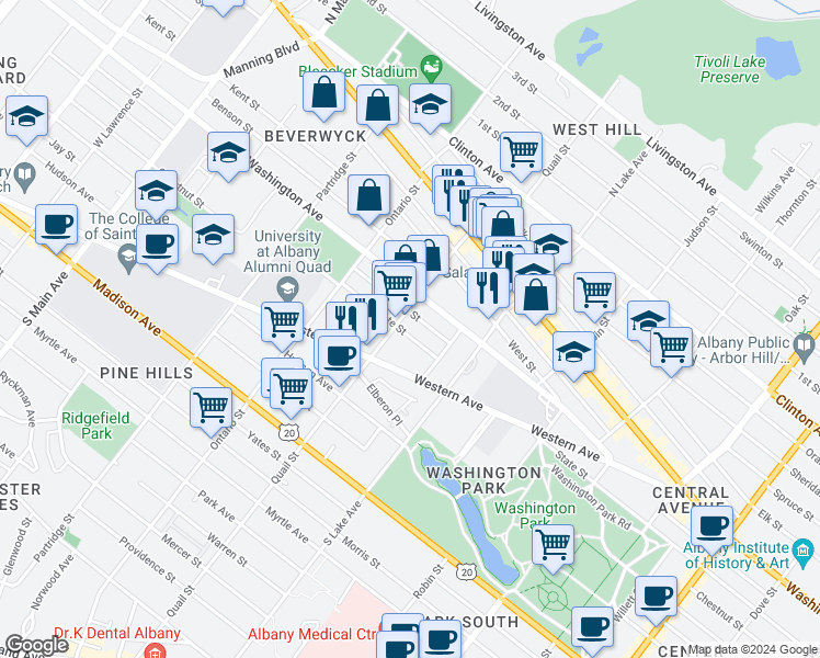 map of restaurants, bars, coffee shops, grocery stores, and more near 162 Quail Street in Albany