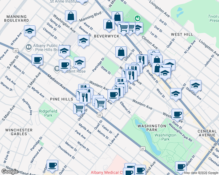 map of restaurants, bars, coffee shops, grocery stores, and more near 222 Ontario Street in Albany