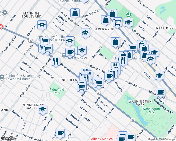 map of restaurants, bars, coffee shops, grocery stores, and more near 326 Western Avenue in Albany