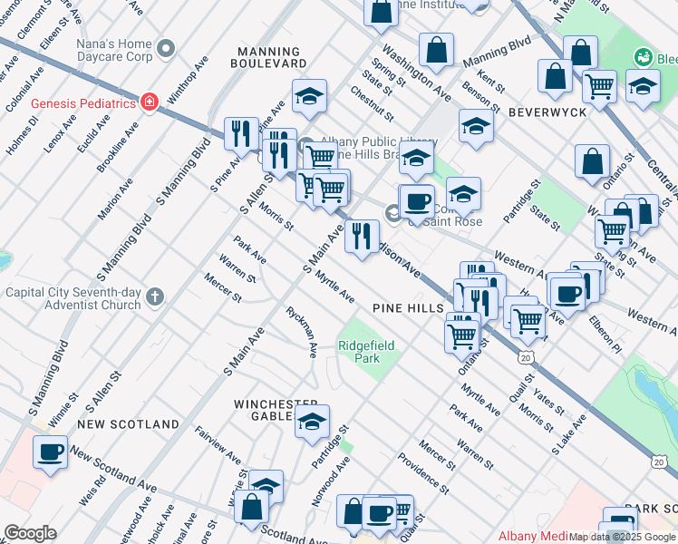 map of restaurants, bars, coffee shops, grocery stores, and more near 656 Morris Street in Albany