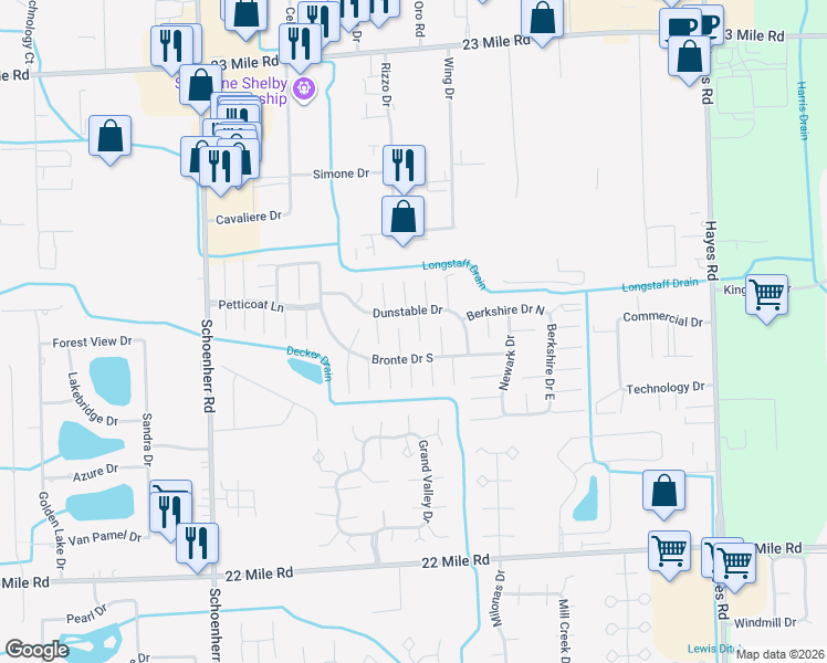 map of restaurants, bars, coffee shops, grocery stores, and more near 14258 Dunstable Drive in Macomb County