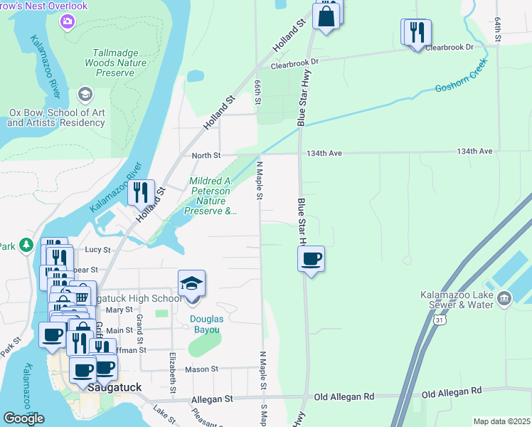 map of restaurants, bars, coffee shops, grocery stores, and more near 719 North Maple Street in Saugatuck