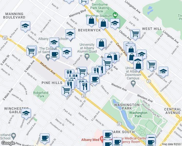 map of restaurants, bars, coffee shops, grocery stores, and more near 267 Western Avenue in Albany