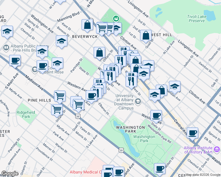 map of restaurants, bars, coffee shops, grocery stores, and more near 665 State Street in Albany