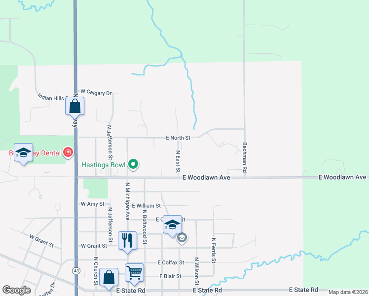 map of restaurants, bars, coffee shops, grocery stores, and more near 598 East North Street in Hastings