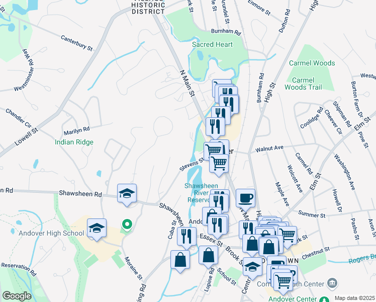 map of restaurants, bars, coffee shops, grocery stores, and more near 15 Stevens Street in Andover