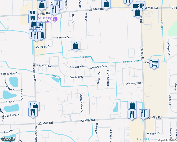 map of restaurants, bars, coffee shops, grocery stores, and more near 14432 Dunstable Drive in Shelby Township