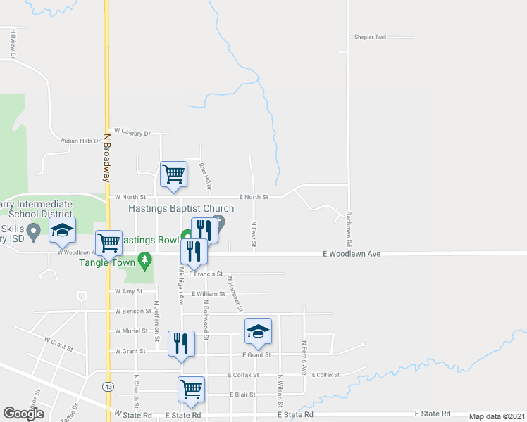 map of restaurants, bars, coffee shops, grocery stores, and more near 1633 North East Street in Hastings