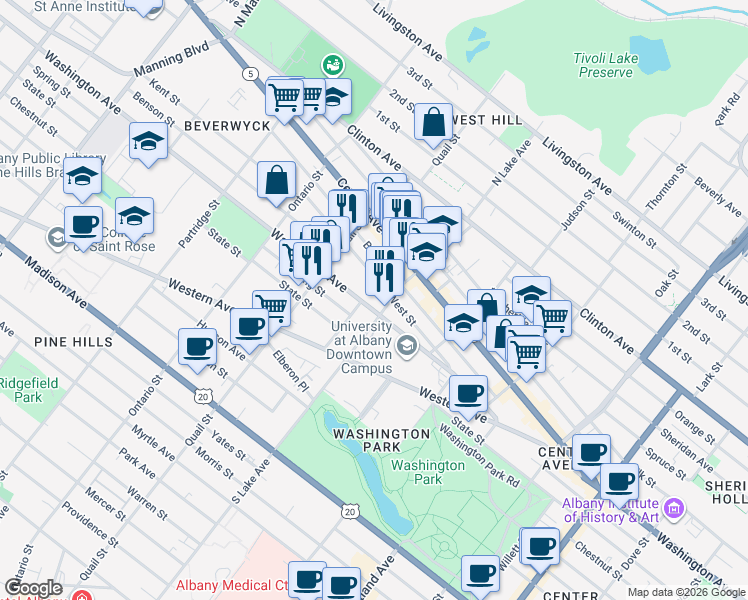 map of restaurants, bars, coffee shops, grocery stores, and more near 50 West Street in Albany