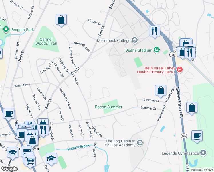 map of restaurants, bars, coffee shops, grocery stores, and more near 55 Lucerne Drive in Andover