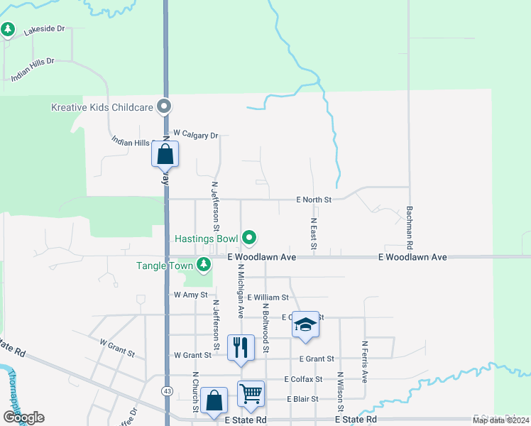 map of restaurants, bars, coffee shops, grocery stores, and more near 240 East North Street in Hastings