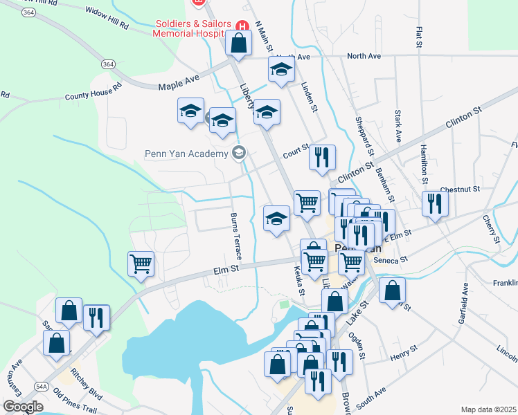 map of restaurants, bars, coffee shops, grocery stores, and more near 99 Violet Ave in Penn Yan