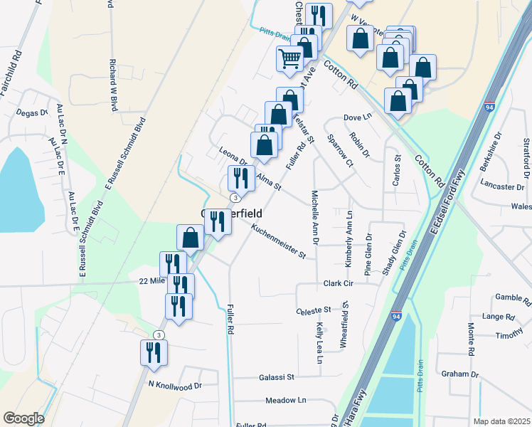 map of restaurants, bars, coffee shops, grocery stores, and more near 49432 Fuller Road in New Baltimore