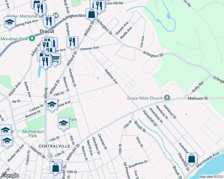 map of restaurants, bars, coffee shops, grocery stores, and more near 227 18th Street in Dracut