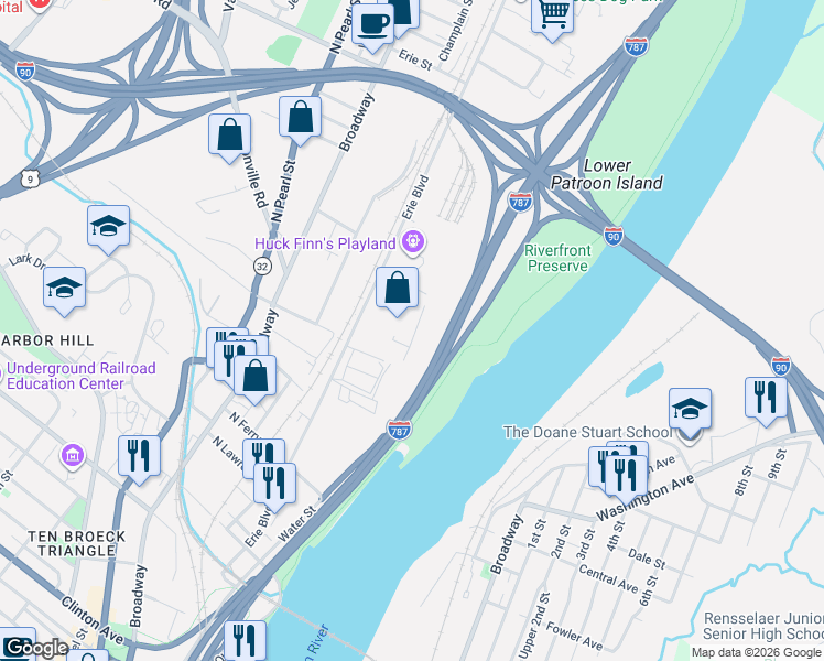 map of restaurants, bars, coffee shops, grocery stores, and more near 21 Erie St in Albany