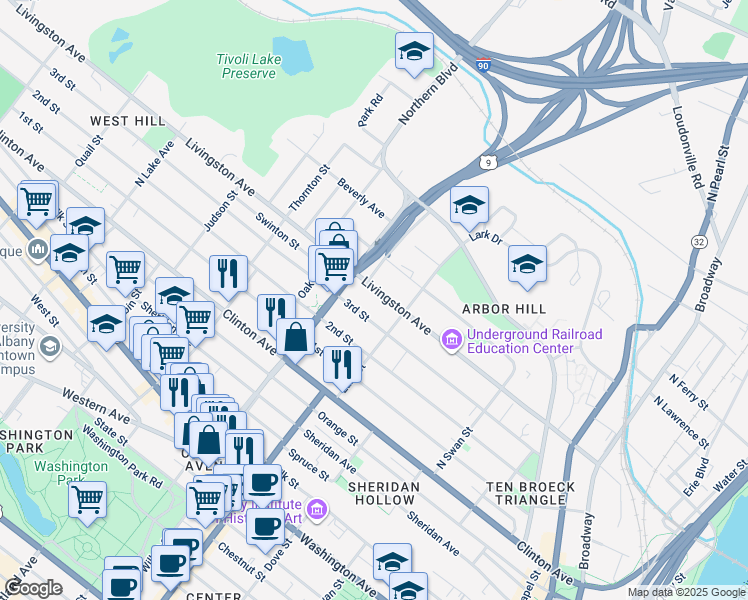 map of restaurants, bars, coffee shops, grocery stores, and more near 278 Livingston Avenue in Albany