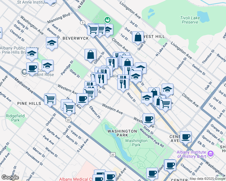 map of restaurants, bars, coffee shops, grocery stores, and more near 496 Washington Avenue in Albany