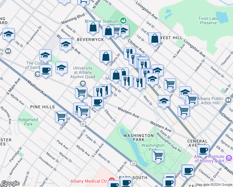 map of restaurants, bars, coffee shops, grocery stores, and more near 162 Quail Street in Albany