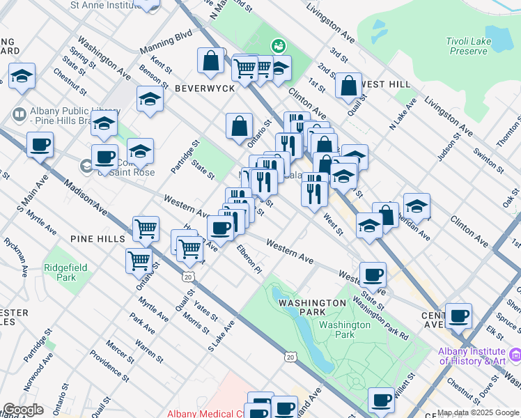 map of restaurants, bars, coffee shops, grocery stores, and more near 162 Quail Street in Albany