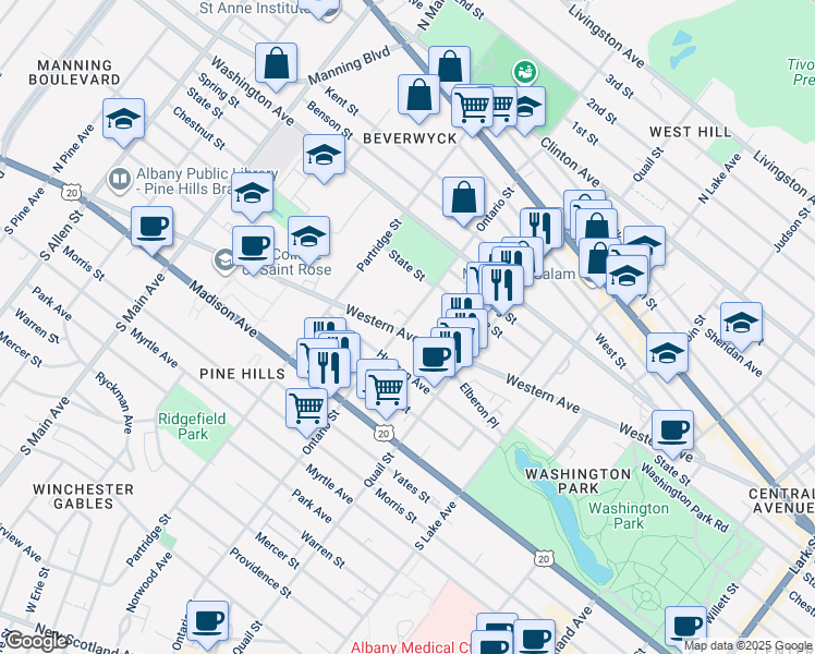 map of restaurants, bars, coffee shops, grocery stores, and more near 222 Ontario Street in Albany