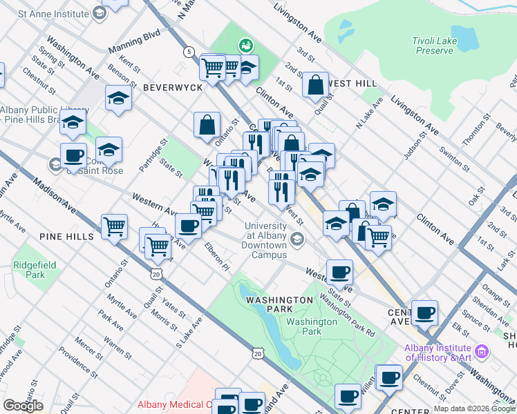 map of restaurants, bars, coffee shops, grocery stores, and more near 496 Washington Avenue in Albany