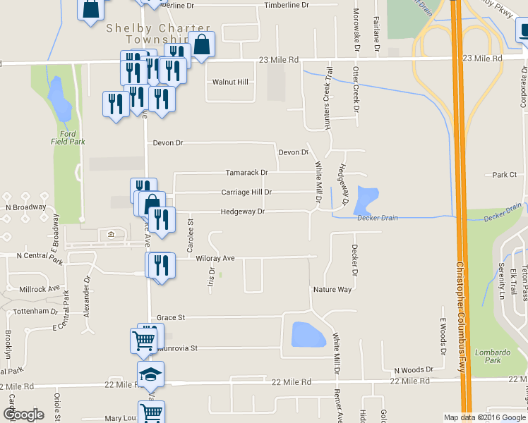map of restaurants, bars, coffee shops, grocery stores, and more near 10152 Hedgeway Drive in Shelby charter Township