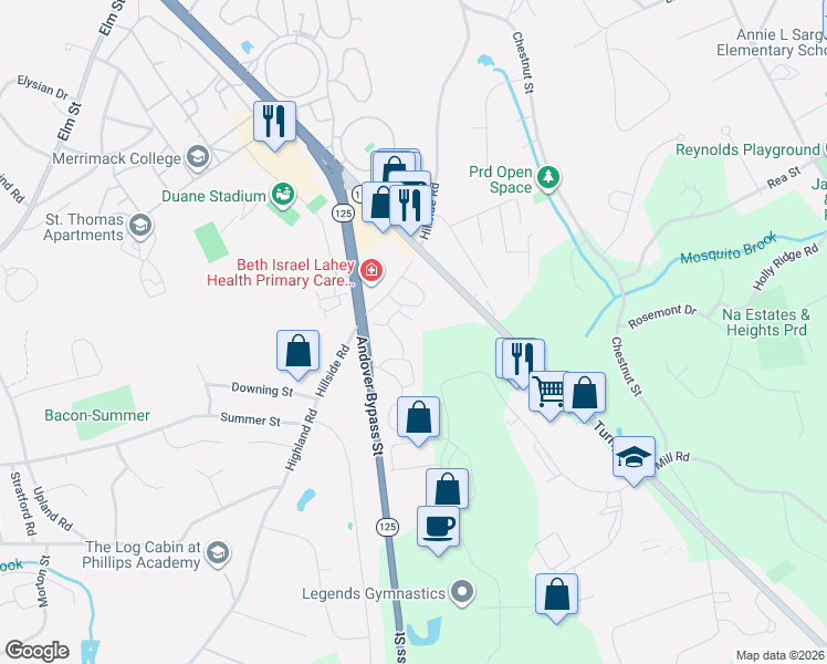 map of restaurants, bars, coffee shops, grocery stores, and more near 2 Peterson Road in North Andover