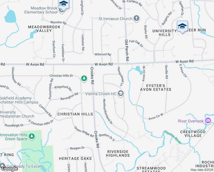 map of restaurants, bars, coffee shops, grocery stores, and more near 1585 Northumberland Drive in Rochester Hills