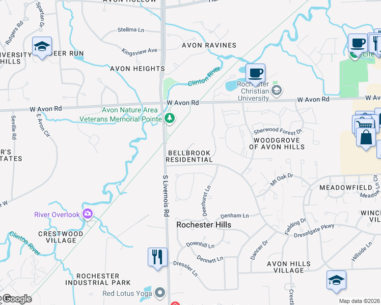 map of restaurants, bars, coffee shops, grocery stores, and more near 983 Wexford Way in Rochester Hills