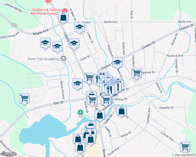 map of restaurants, bars, coffee shops, grocery stores, and more near 166 Main St in Penn Yan