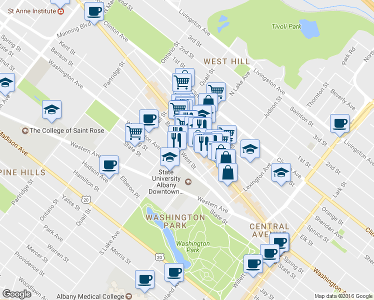 map of restaurants, bars, coffee shops, grocery stores, and more near 120 Bradford Street in Albany