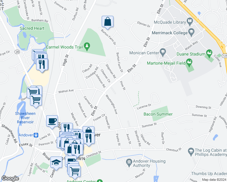 map of restaurants, bars, coffee shops, grocery stores, and more near 109 Elm Street in Andover