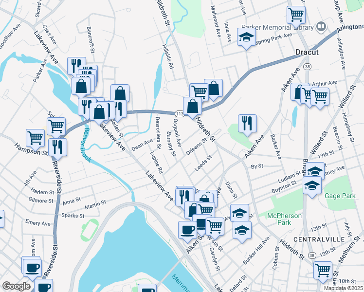 map of restaurants, bars, coffee shops, grocery stores, and more near 11 Osgood Avenue in Lowell
