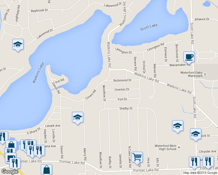 map of restaurants, bars, coffee shops, grocery stores, and more near 3628 Overton Drive in Waterford Township