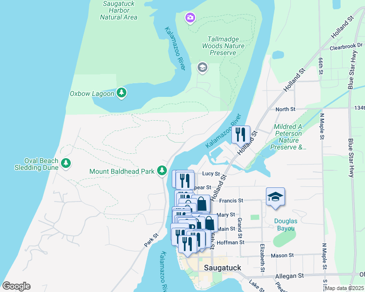 map of restaurants, bars, coffee shops, grocery stores, and more near 879 Park Street in Saugatuck