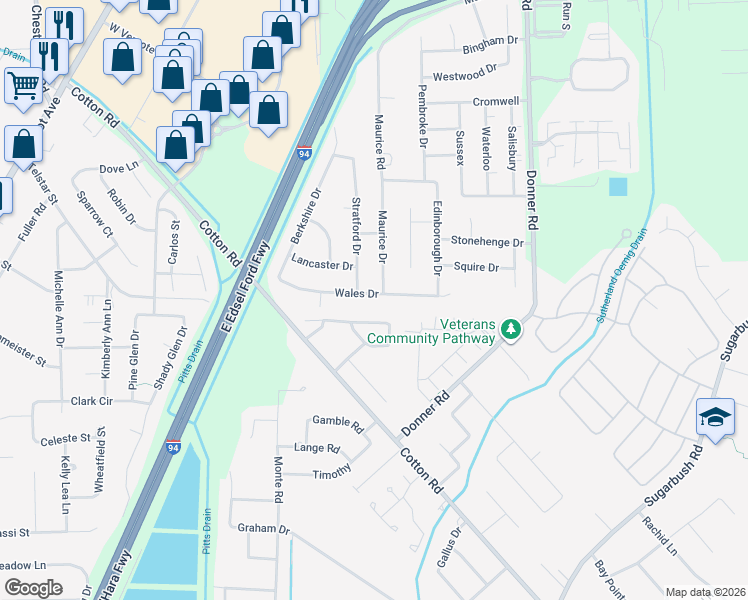 map of restaurants, bars, coffee shops, grocery stores, and more near 28652 Wales Drive in New Baltimore